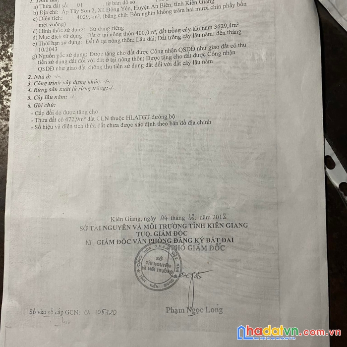 Chính chủ cần bán lô đất tại ấp tây sơn 2 – xã đồng yên – huyện an biên – tỉnh kiên giang